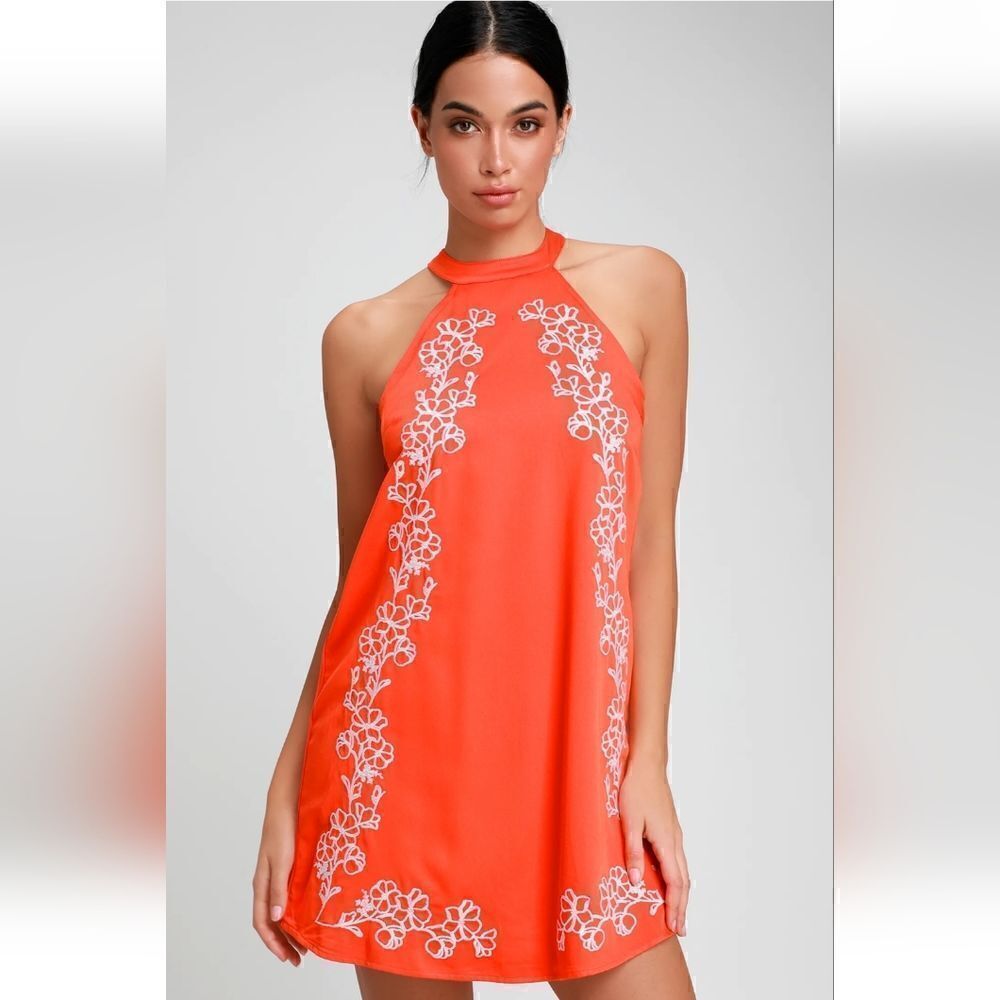NWT Lulus Fabiola Coral Orange Embroidered Halter Shift Dress S